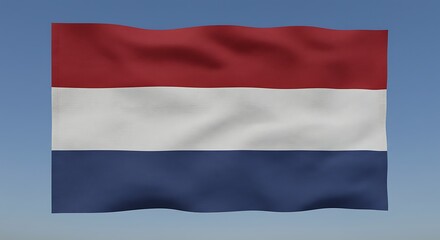 Naklejka premium The national flag of the Netherlands waving in the wind. A Dutch banner with red, white, and blue stripes against a clear sky.