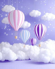 Naklejka premium Colorful hot air balloons floating above fluffy clouds in a dreamy pastel sky atmosphere
