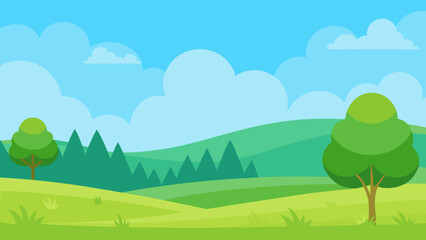 Open Meadow Scene in Vector Art Style with Distant Trees and Blue Sky