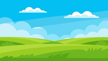 Fototapeta premium Wide Cartoon Field Featuring Lush Green Grass Under Clear Blue Sky
