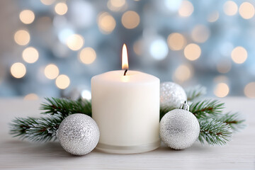 White candle surrounded by silver ornaments and pine branches on a wooden surface with bokeh lights