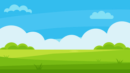 Obraz premium Wide Cartoon Field with Lush Green Grass and Clear Blue Sky Background