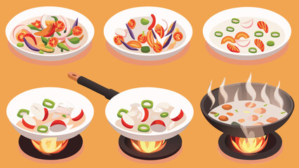 Illustration showing various stages of food preparation in different white bowls and pans
