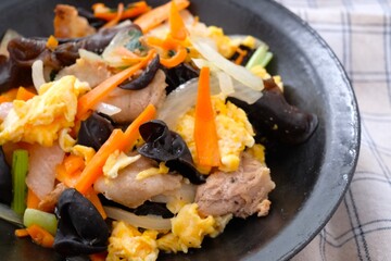 Pork, egg, and wood ear stir fry
