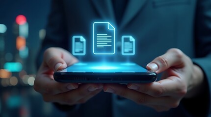 Businessman using digital devices and virtual technology for online communication