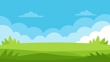 Obraz premium Wide Cartoon Field with Lush Green Grass and Clear Blue Sky Background