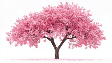 Pink Sakura Tree Blossom in Full Bloom Isolated on White Background