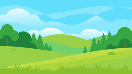 Fototapeta premium Open Meadow Scene in Vector Art Style with Distant Trees and Sky