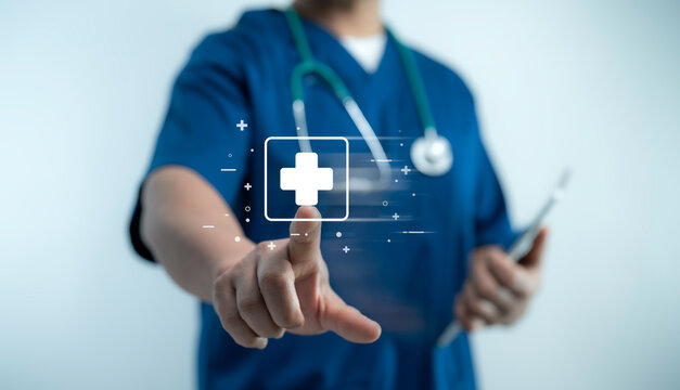 Doctor pressing digital medical cross icon for online healthcare technology smart hospital system data access futuristic UI innovation concept - Powered by Adobe