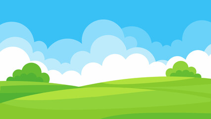 Wide Cartoon Field with Lush Green Grass and Clear Blue Sky Background