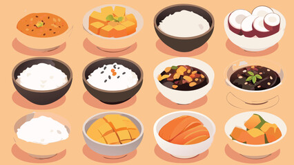 Various bowls of thai desserts and rice are arranged in a grid on a light brown background