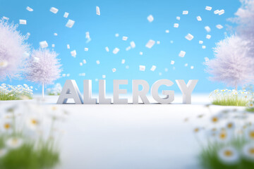 Large text 'Allergy' surrounded by flowers and trees on a blue background.
