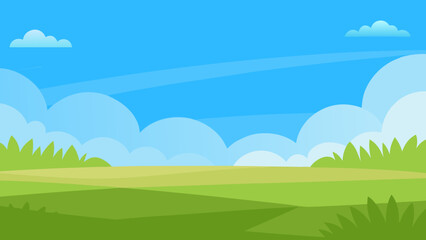 Obraz premium Wide Cartoon Field with Lush Green Grass and Clear Blue Sky Background