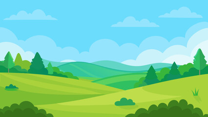 Fototapeta premium Open Meadow Scene in Vector Art Style with Distant Trees and Sky
