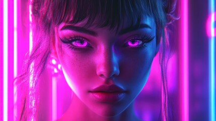 Close-up digital portrait of a young woman, bathed in vibrant pink and blue neon light