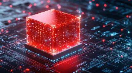 Red glowing cube on a circuit board, futuristic technology, digital data, innovation, artificial intelligence, abstract concept