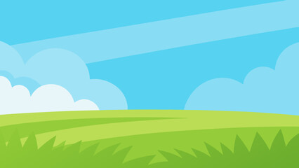 Fototapeta premium Wide Cartoon Field with Lush Green Grass and Clear Blue Sky Background
