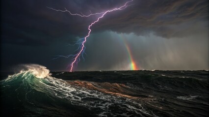 A dramatic seascape featuring turbulent waves, lightning strikes, and a rainbow emerging amidst dark storm clouds.