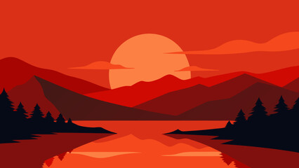 Calm Vector Sunset Over a Still Lake Reflecting Golden Evening Light