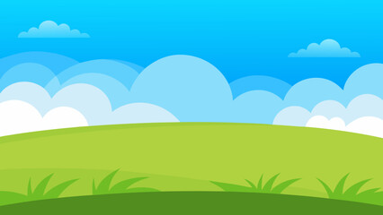Obraz premium Wide Cartoon Field with Lush Green Grass and Clear Blue Sky Background