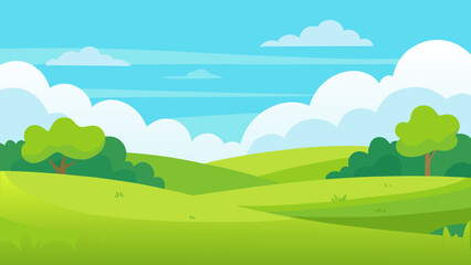 Obraz premium Open Meadow Scene in Vector Art Style with Distant Trees and Sky