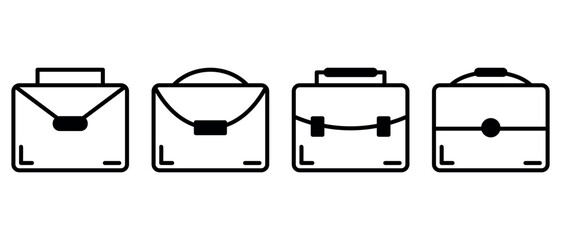Set of four professional briefcase icons with varied flap shapes, handles, and clasps for stylish business design
