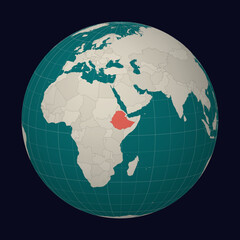 Federal Democratic Republic of Ethiopia on the map. Globe centered to Ethiopia. Country location on the world map. Teal Pale Mint color palette. Globe with countries, meridians and parallels.