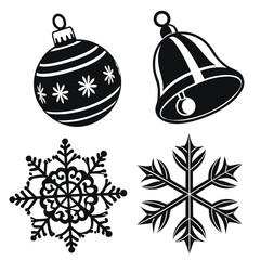 Collection of four black and white christmas icons including a bauble bell and two snowflakes