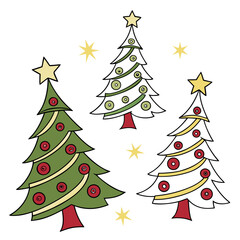 Three festive cartoon christmas trees decorated with ornaments and stars on a white background
