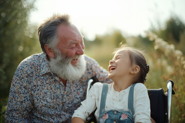 Happy candid dad and disabled child in a wheelchair spending time together in a park playground. Supportive inclusive family with handicapped children. Inclusion & diversity	in families
