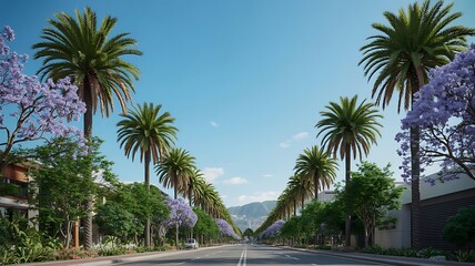 A serene urban landscape with palm trees lining a street, inviting exploration and tranquility in a modern city
