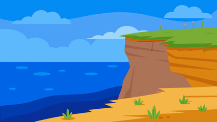 Dramatic Coastal Cliff Scene in Cartoon Vector Style Ocean Landscape
