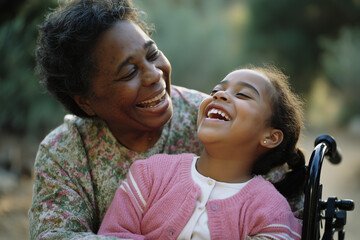 Happy candid mixed race mother and disabled child in a wheelchair spending time together in a park playground. Supportive inclusive family with handicapped children Inclusion & diversity in families
