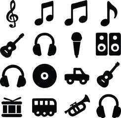 Music Icon Vector Set – Musical Notes, Guitar, Microphone, Headphones, Drum, Trumpet, CD, Speakers, and Audio Equipment Icons – Black Silhouettes for Music App UI, Audio Branding, Concert Posters, Str