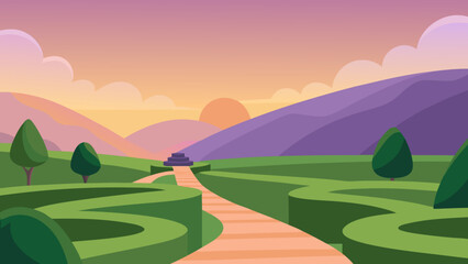 Peaceful Hilltop Garden Vector Art Illustration with Scenic Landscape View