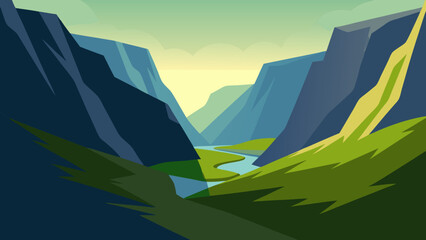 Secluded Mountain Lake Vector Illustration with Peaceful Nature Scene