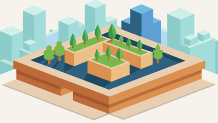 Modern Isometric Rooftop Garden Vector Art with Greenery and Urban Views
