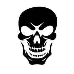 Black skull with sharp teeth and empty eye sockets white bone