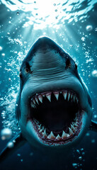 Naklejka premium Close-up underwater view of shark lunging with open jaws in deep blue sea. 