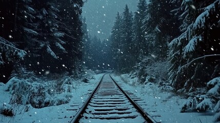 Snowy train tracks through a dark forest.  A winter scene with falling snow