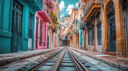 Naklejka premium Colorful street with train tracks. Narrow alleyway lined with vibrant pastel-colored buildings. Perspective leads down the street towards distant buildings. A railway track runs through the center