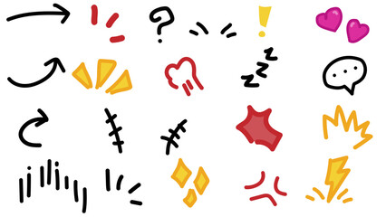 set of hand-drawn cartoony expression, emoticon effects design elements, curve directional arrows, cartoon character emotion symbols, sign doodle