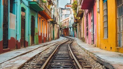 Fototapeta premium Colorful street lined with buildings, train tracks lead into the distance