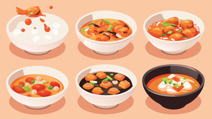 Illustration of six bowls each containing a different type of soup or stew on a light background