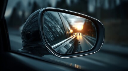 A car's side mirror reflects a sunset view along a tree-lined road, creating a serene and contemplative atmosphere.