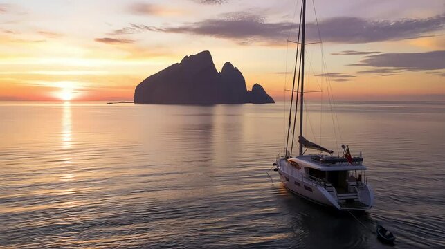 A calm summer sunset paints the sky with orange light as a sailboat glides across the tranquil sea toward the horizon