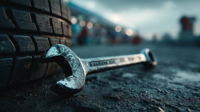 A close-up of a wrench resting beside a tire on a gritty surface, capturing an industrial or mechanical theme with blurred background elements.