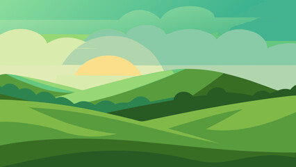 Fototapeta premium Peaceful Hilltop Landscape 2D Vector Nature Scene Illustration Serene