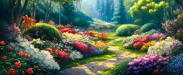 Fototapeta premium Enchanting Garden Path Lined with Vibrant Colorful Flowers in Sunlight image photo