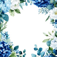 Watercolor floral frame Hydrangea blooms white roses eucalyptus foliage botanical illustration